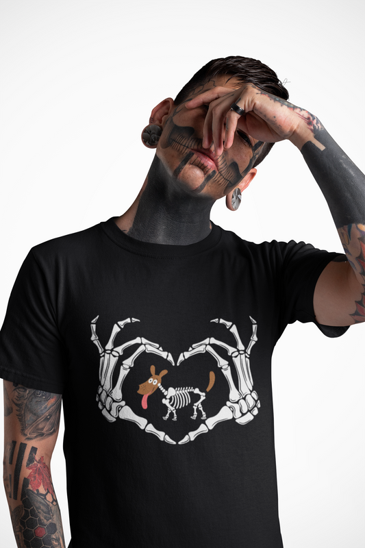 Halloween Spooky, Unisex Graphic, Short Sleeve Skeleton Heart Tee T-Shirt, Gift for Dog Lovers, Fall Fashion, Unique Halloween Outfit